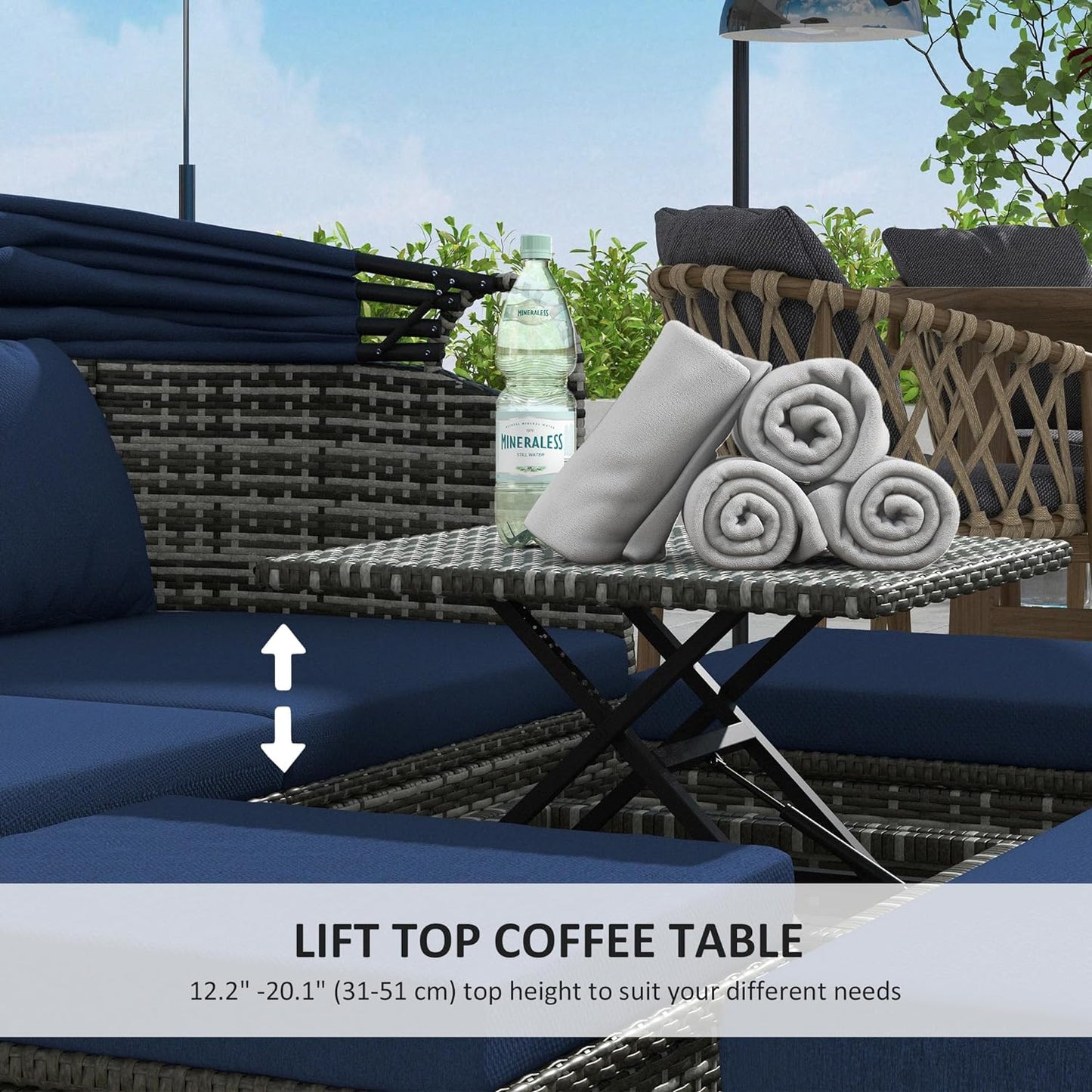 6 Pieces PE Rattan Patio Furniture Sets, Outdoor Daybed with Canopy and Lift Top Coffee Table, Sectional Wicker Conversation Sets with Cushions and Pillows, Navy Blue