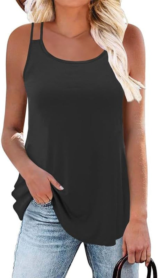 Womens Spaghetti Strap Tank Tops Sleeveless Tops Loose Fit round Neck Solid Color T Shirt