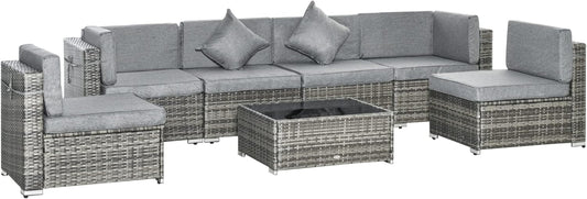 7 Piece Patio Furniture Set, PE Rattan Outdoor Conversation Set with Sectional Sofa, Glass Tabletop, Cushions and Pillows for Garden, Lawn, Deck, Mixed Grey and Grey