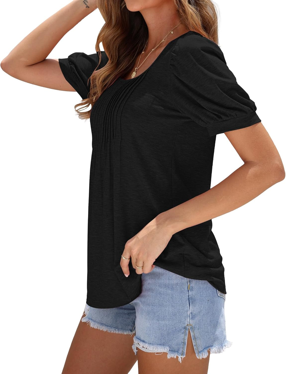 Womens Summer Tunic Tops Puff Short Sleeve T-Shirts Casual Pleated Flowy Square Neck Basic Tee Top Women 2024 New