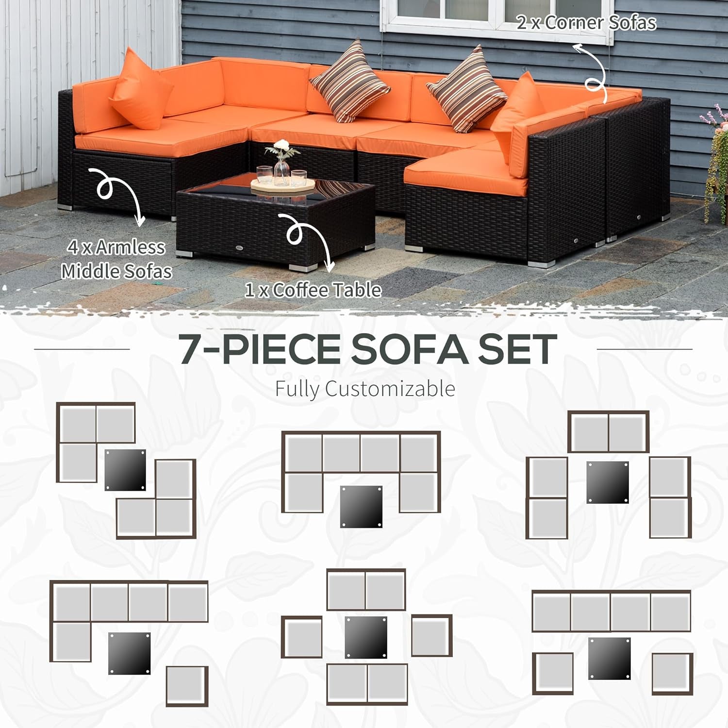 7 Piece Patio Furniture Set, PE Rattan Outdoor Conversation Set with Sectional Sofa, Glass Tabletop, Cushions and Pillows for Garden, Lawn, Deck, Coffee and Orange