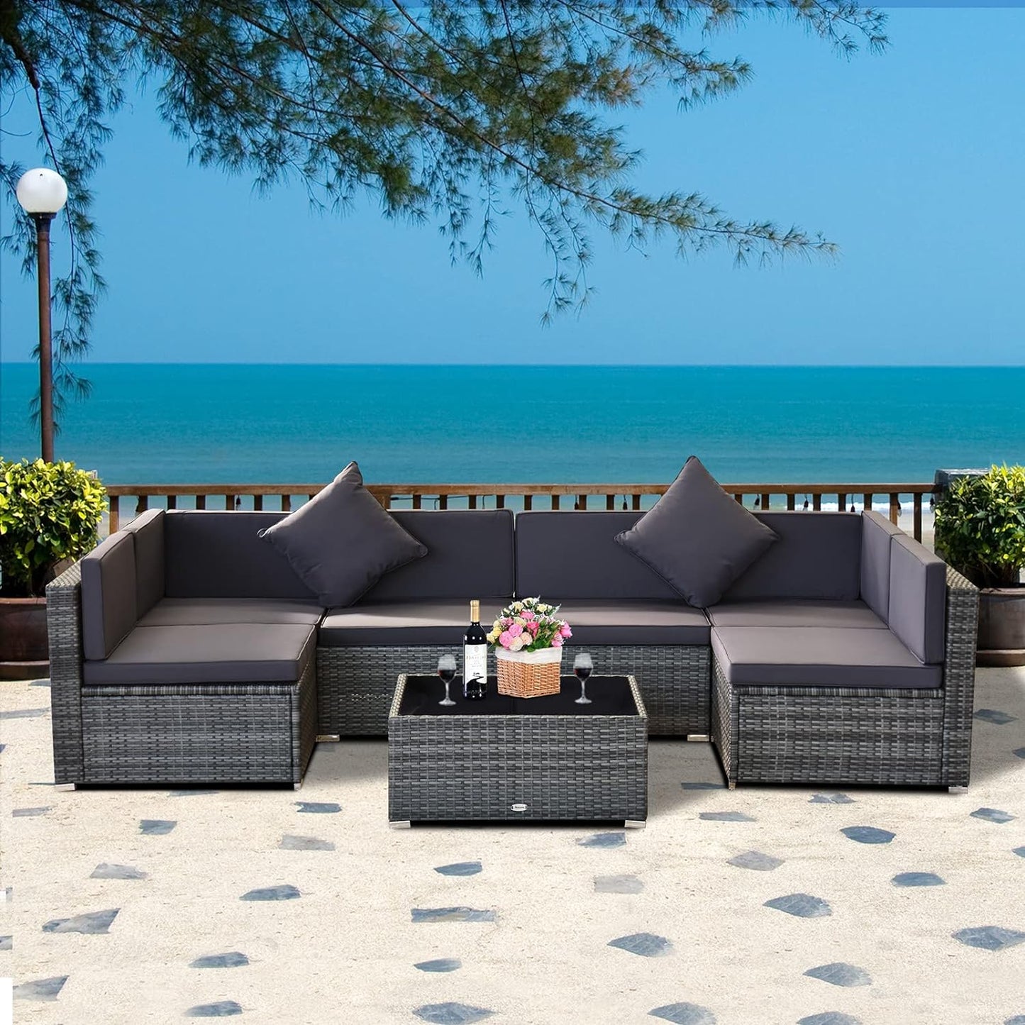 7 Piece Patio Furniture Set, PE Rattan Outdoor Conversation Set with Sectional Sofa, Glass Tabletop, Cushions and Pillows for Garden, Lawn, Deck, Grey and Dark Grey