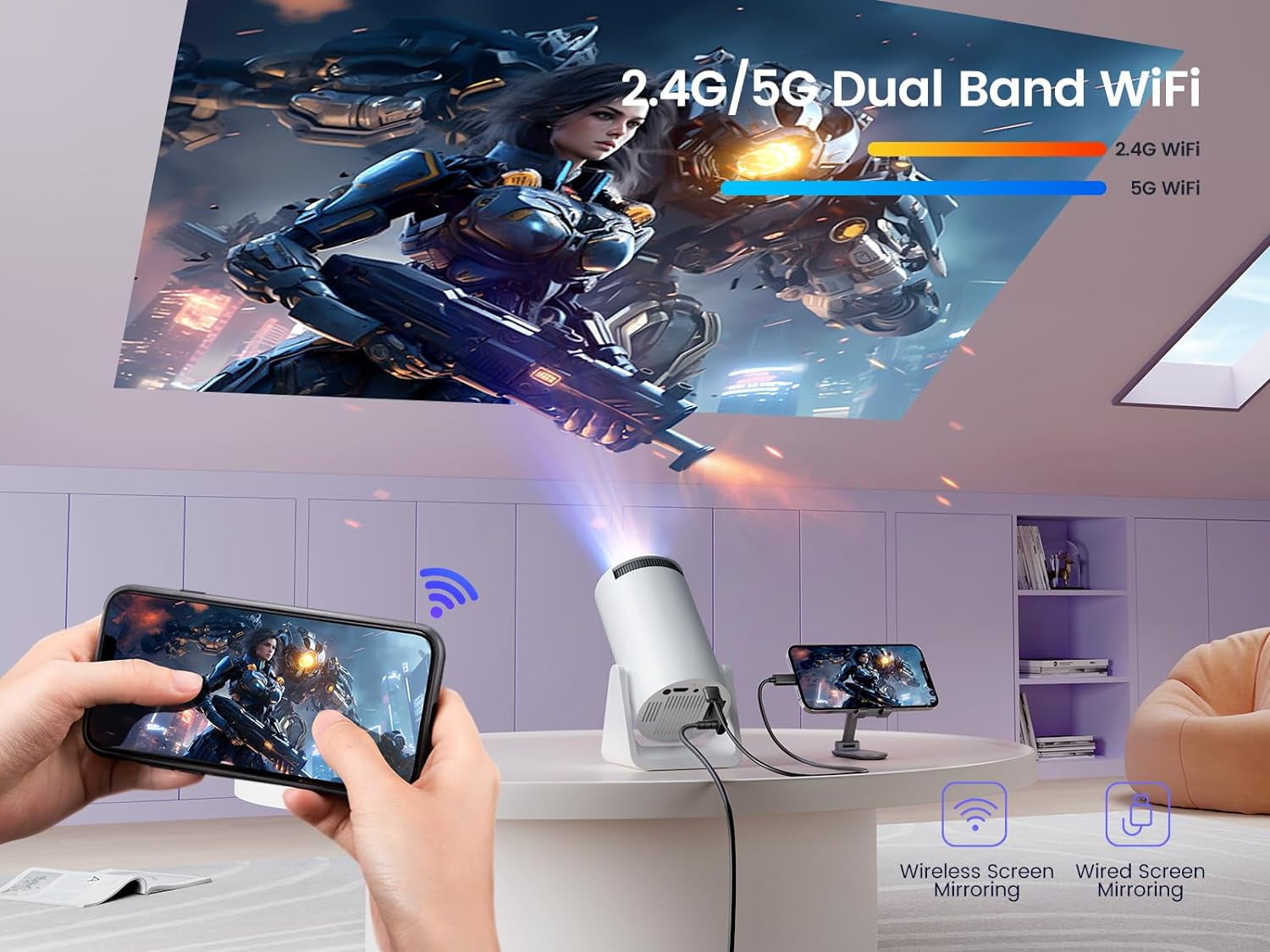 [270°Adjustable Stand] Mini Projector with 5G Wifi and Bluetooth,  S27 Portable Projector 1080P, 200" Screen Bluetooth Projector, Auto Keystone Outdoor Projector for Phone/Tv Stick/Hdmi/Ps5