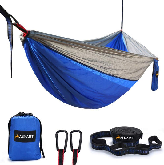 Camping Hammock, Lightweight Nylon Portable Parachute Double Camping Hammock for Backpacking, Camping, Travel, Beach, Yard - 2 Colors Included 2 Carabiners and Tree Straps(Blue,78''W X 118''L)