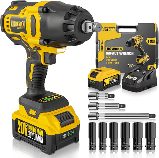 1/2 Inch Impact Wrench Cordless, Max Torque 555 Ft-Lbs Battery Impact Wrench 20V Brushless Motor 2000 RPM, with 6 Sockets, 3 Extension Bars, 4.0 AH Li-Ion Battery and 1 Hour Fast Charge