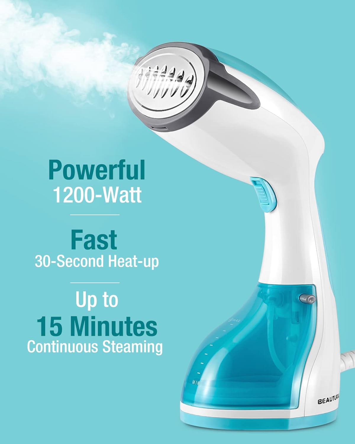1200-Watt Handheld Steamer for Clothes, 30-Second Heat-Up, 8.79-Ounce Water Tank, Aqua