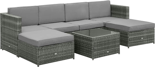 7Pcs Wicker Rattan Sectional Set Outdoor Patio Sofa Table Footstools Set Garden Furniture with Cushions, Grey