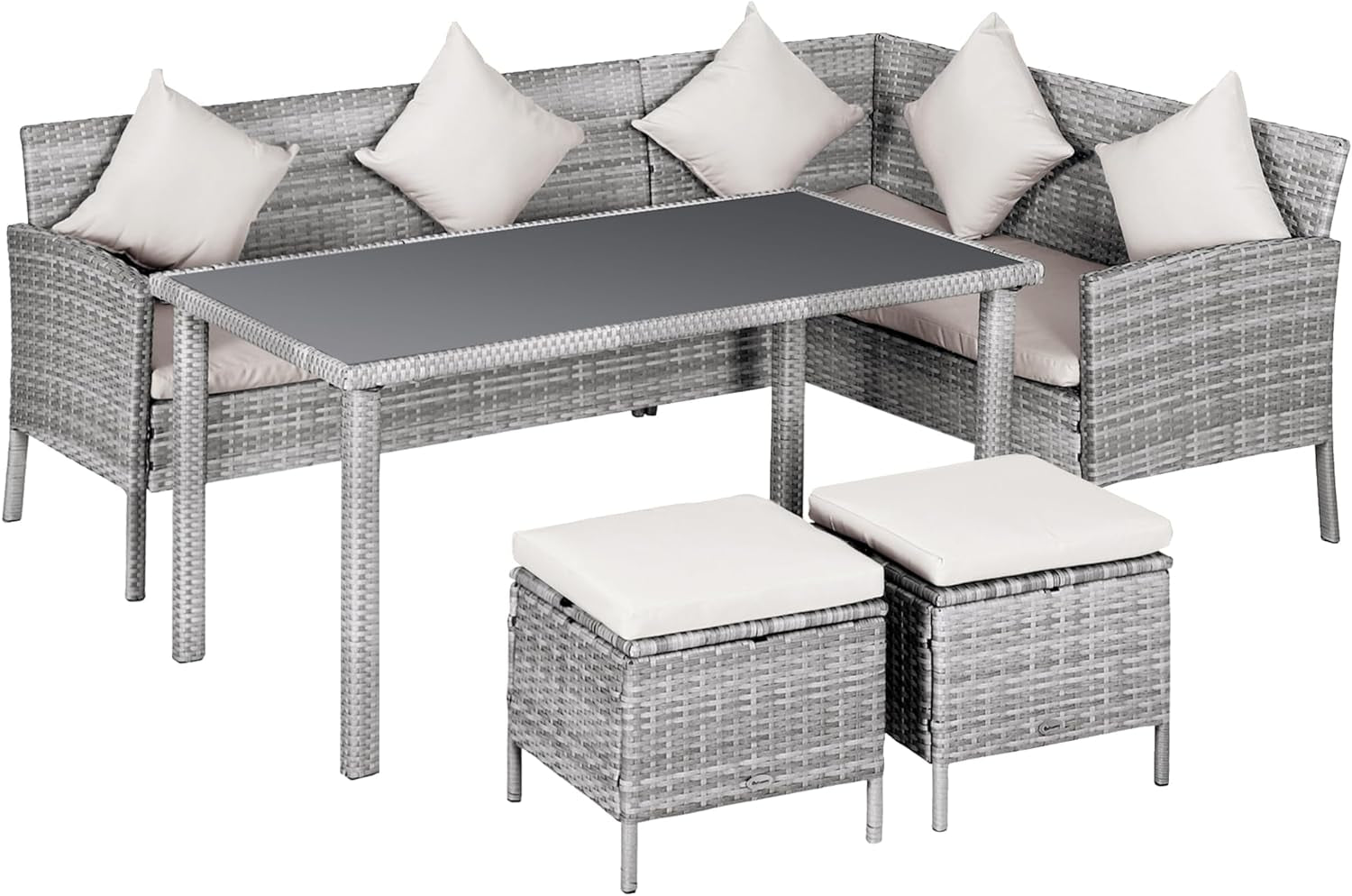 5 Pieces Wicker Patio Furniture Set with Padded Cushions, PE Rattan Conversation Furniture Sets W/Tempered Glass Top Dining Table and Two Ottomans, Cream White