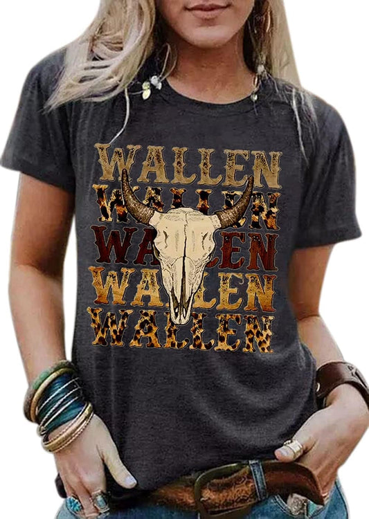 Wallen Shirt for Women Western Cattle Skull Leopard Graphic Tee Tops Vintage Rodeo Country Music Bleached T-Shirt(Dark Gray,L)