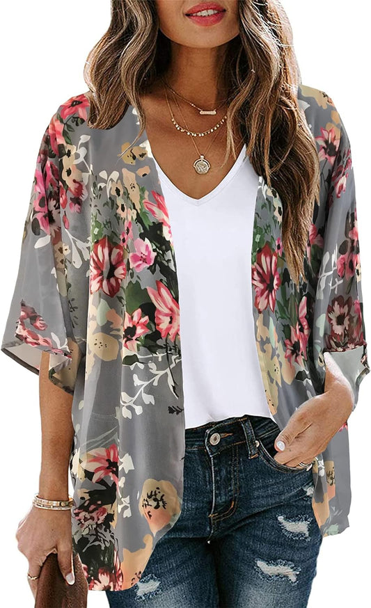 Womens Summer Tops Kimono Cardigan Floral Beach Cover up Casual Jackets Shirts
