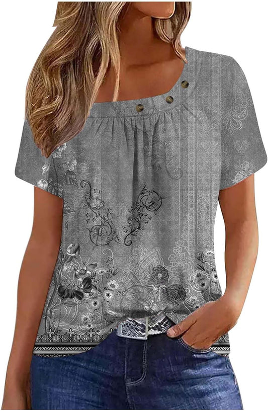 Womens Tops 2024 Summer Short Sleeve T Shirts Dressy Casual Button Decor Tops Trendy Floral Graphic Blouse Cute Boho Tees