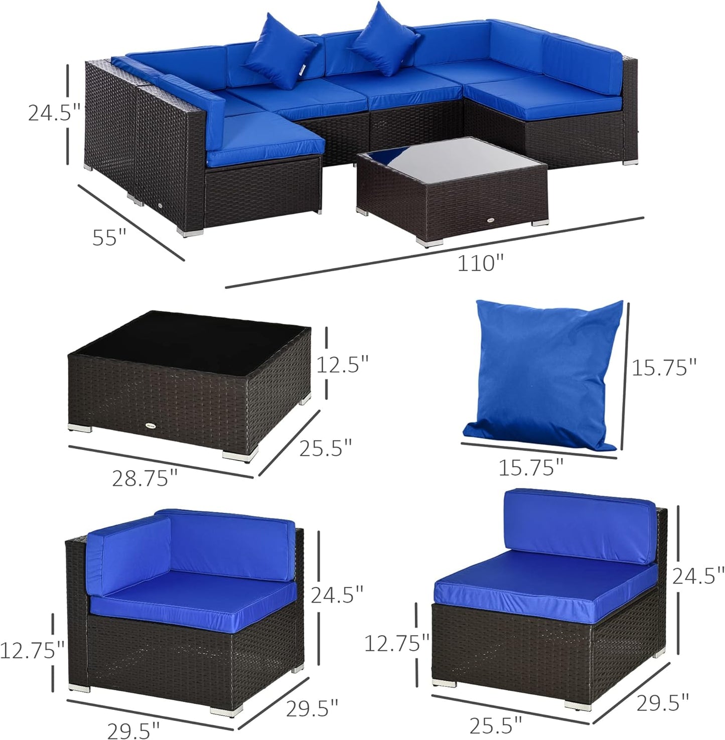 7 Piece Patio Furniture Set, PE Rattan Outdoor Conversation Set with Sectional Sofa, Glass Tabletop, Cushions and Pillows for Garden, Lawn, Deck, Dark Brown and Blue