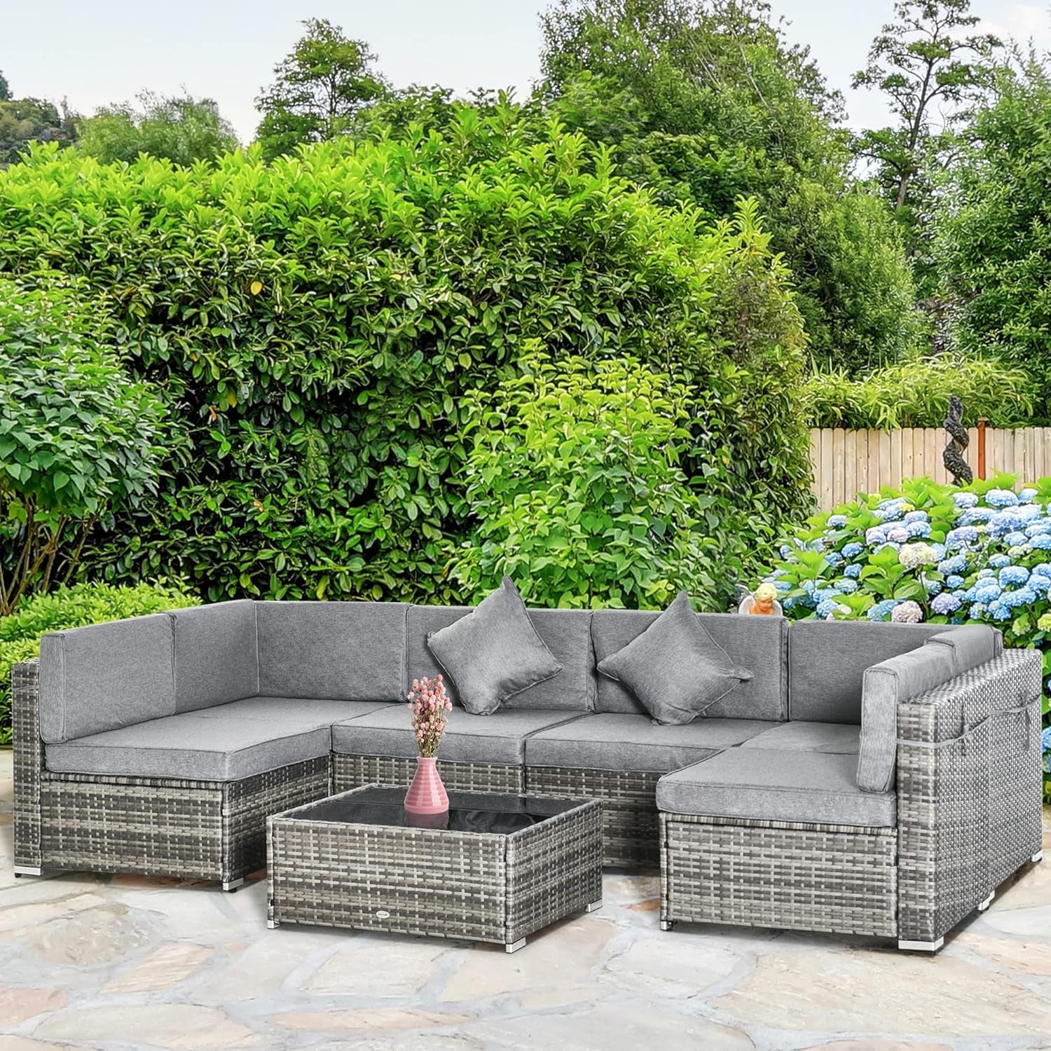 7 Piece Patio Furniture Set, PE Rattan Outdoor Conversation Set with Sectional Sofa, Glass Tabletop, Cushions and Pillows for Garden, Lawn, Deck, Mixed Grey and Grey