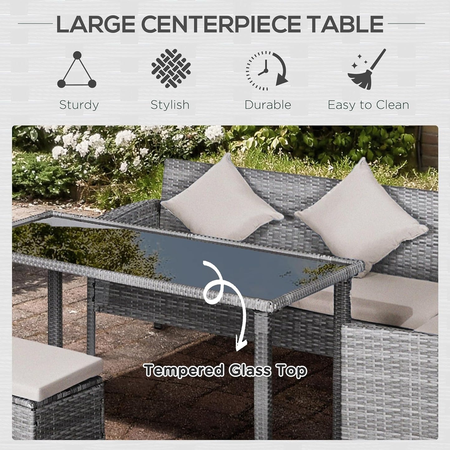 5 Pieces Wicker Patio Furniture Set with Padded Cushions, PE Rattan Conversation Furniture Sets W/Tempered Glass Top Dining Table and Two Ottomans, Cream White