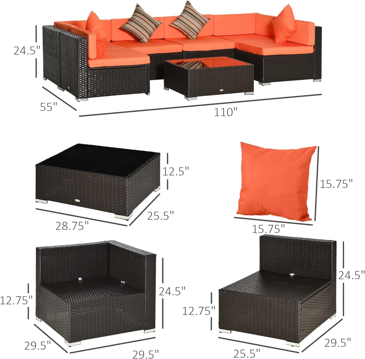 7 Piece Patio Furniture Set, PE Rattan Outdoor Conversation Set with Sectional Sofa, Glass Tabletop, Cushions and Pillows for Garden, Lawn, Deck, Coffee and Orange