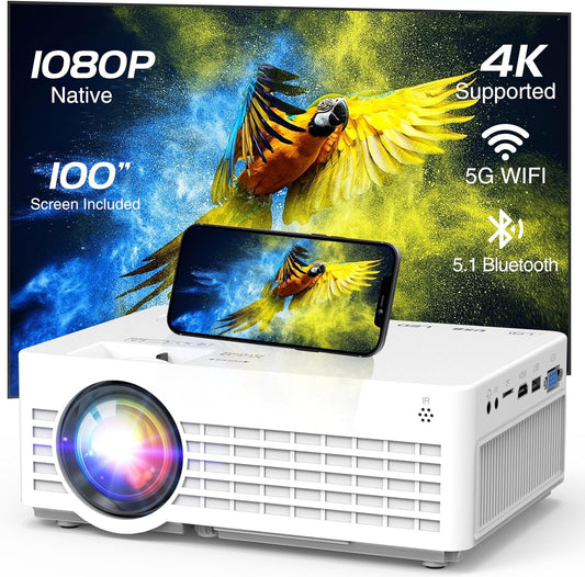 4K Projector with 5G Wifi and Bluetooth, 15000L Portable Outdoor Movie Projector with 100" Screen, Native 1080P Mini Projector Compatible with TV Stick, Video Games, HDMI, USB, Smartphone