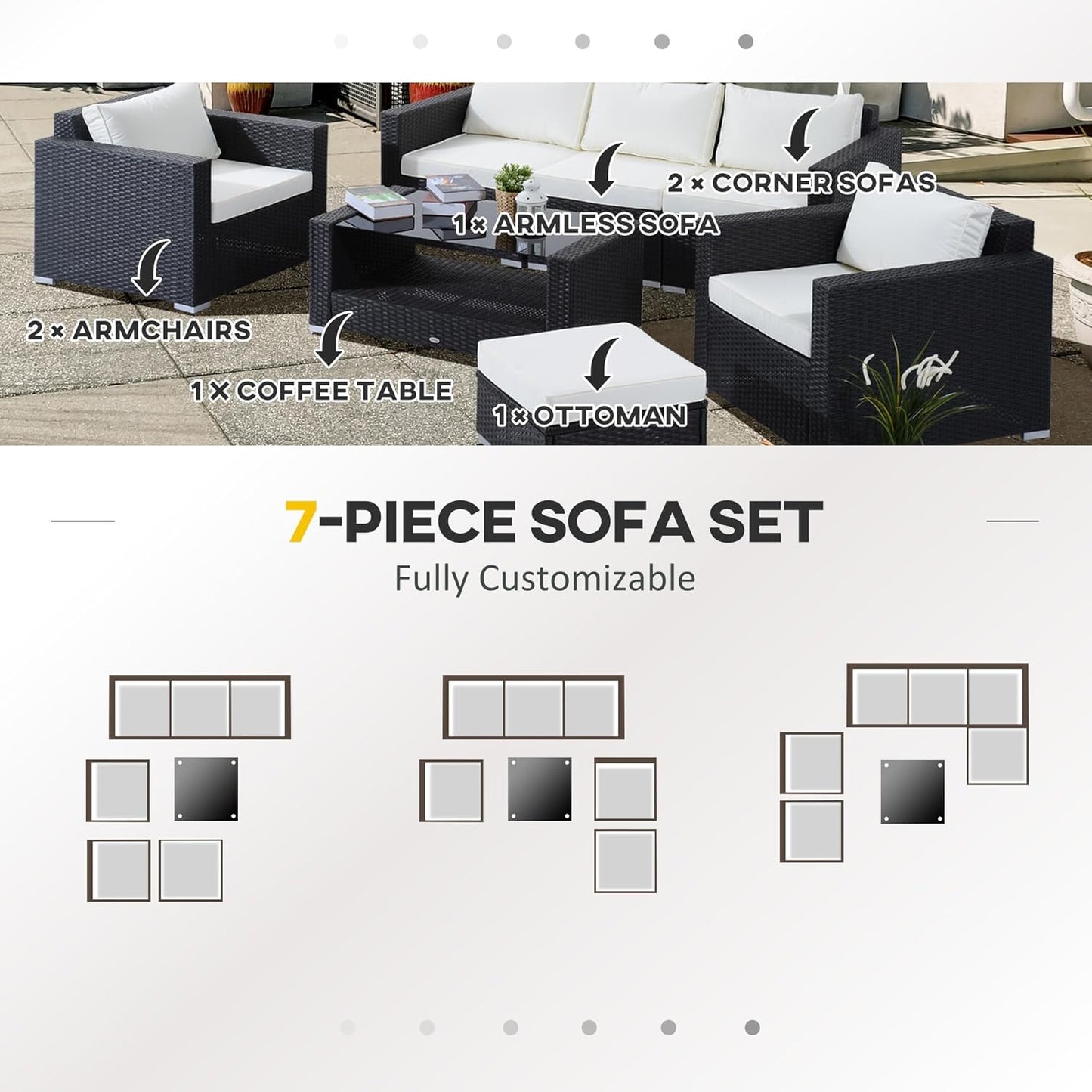 7 Pieces Patio Wicker Furniture Set, Outdoor PE Rattan Sectional Conversation Furniture Sofa with Glass Table and Cushion, Beige