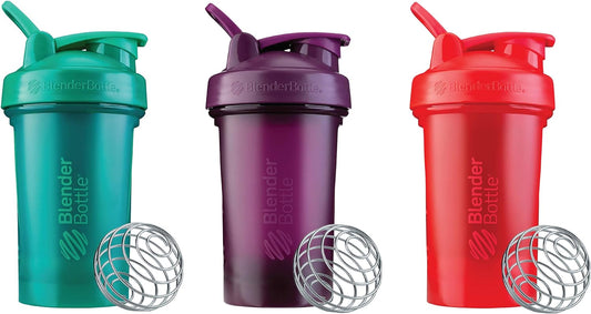 Classic V2 Shaker Bottle Perfect for Protein Shakes and Pre Workout, 20-Ounce (3-Pack) Red, Green, and Plum