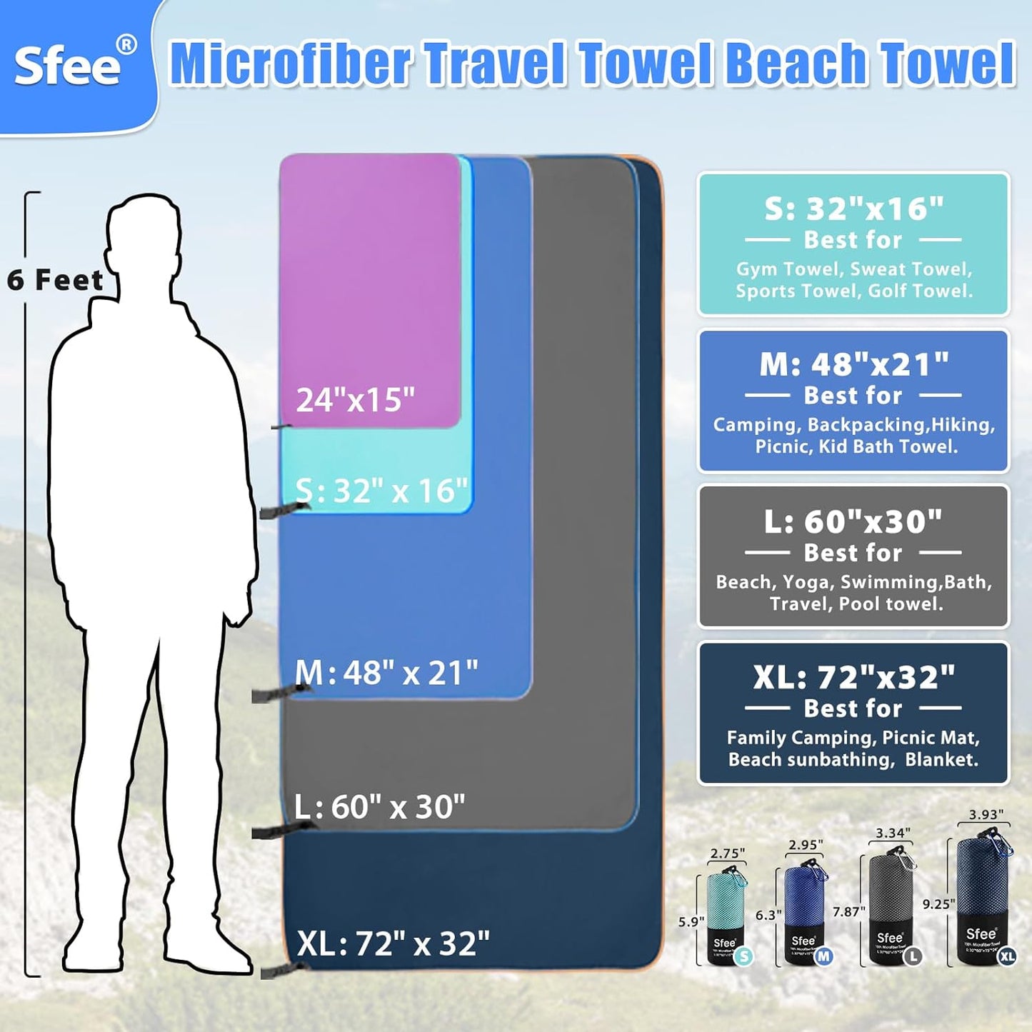 2 Pack Microfiber Travel Towel, Quick Dry Towel Camping Towel Beach Towels, Super Absorbent Compact Lightweight Sport Towel Gym Towel for Travel, Beach, Hiking, Gym, Pool, Bath, Yoga, Backpacking