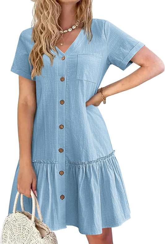 Women Button down Dress Loose Summer Cotton Linen Shirt Dress Ruffle Casual Tunic Dress
