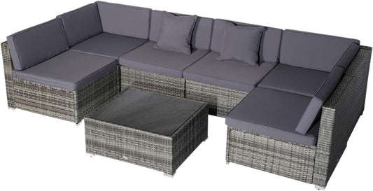 7 Piece Patio Furniture Set, PE Rattan Outdoor Conversation Set with Sectional Sofa, Glass Tabletop, Cushions and Pillows for Garden, Lawn, Deck, Grey and Dark Grey