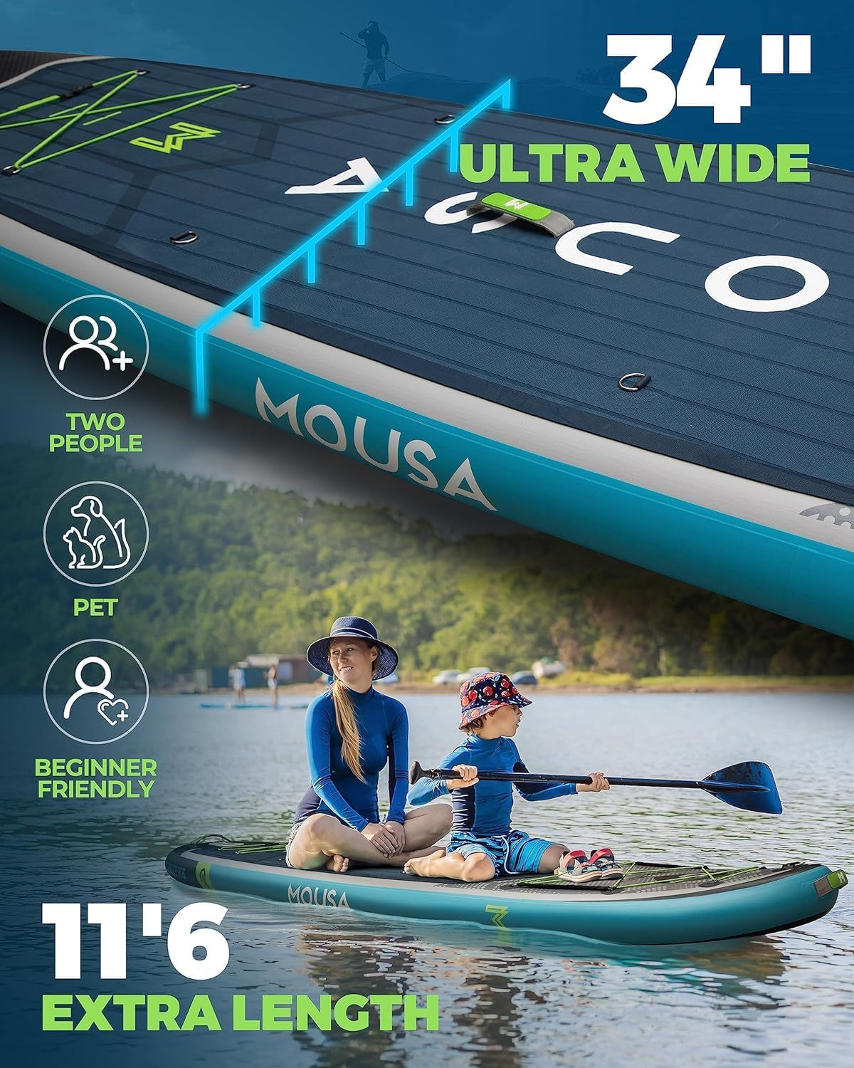 10'8/11'*35" Extra Wide Inflatable Paddle Boards, Stable Stand-Up Paddleboard for 3 People/Family W/Shoulder Strap, 100L Backpack, Paddle Boards for Adults W/Floatable Paddle, US Central Fin