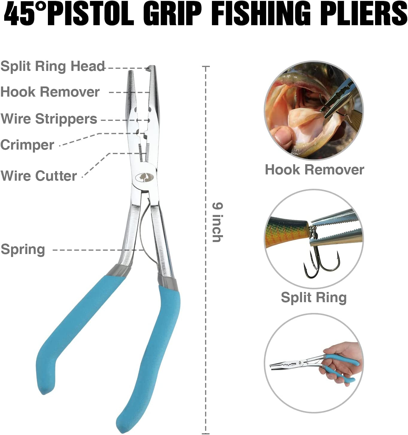 4Pc Fishing Tool Kit - Pistol Grip Fishing Pliers, Fish Fillet Knife, Fishing Gripper, Line Snip, Fly Fishing Retractor with Retractable Lanyard