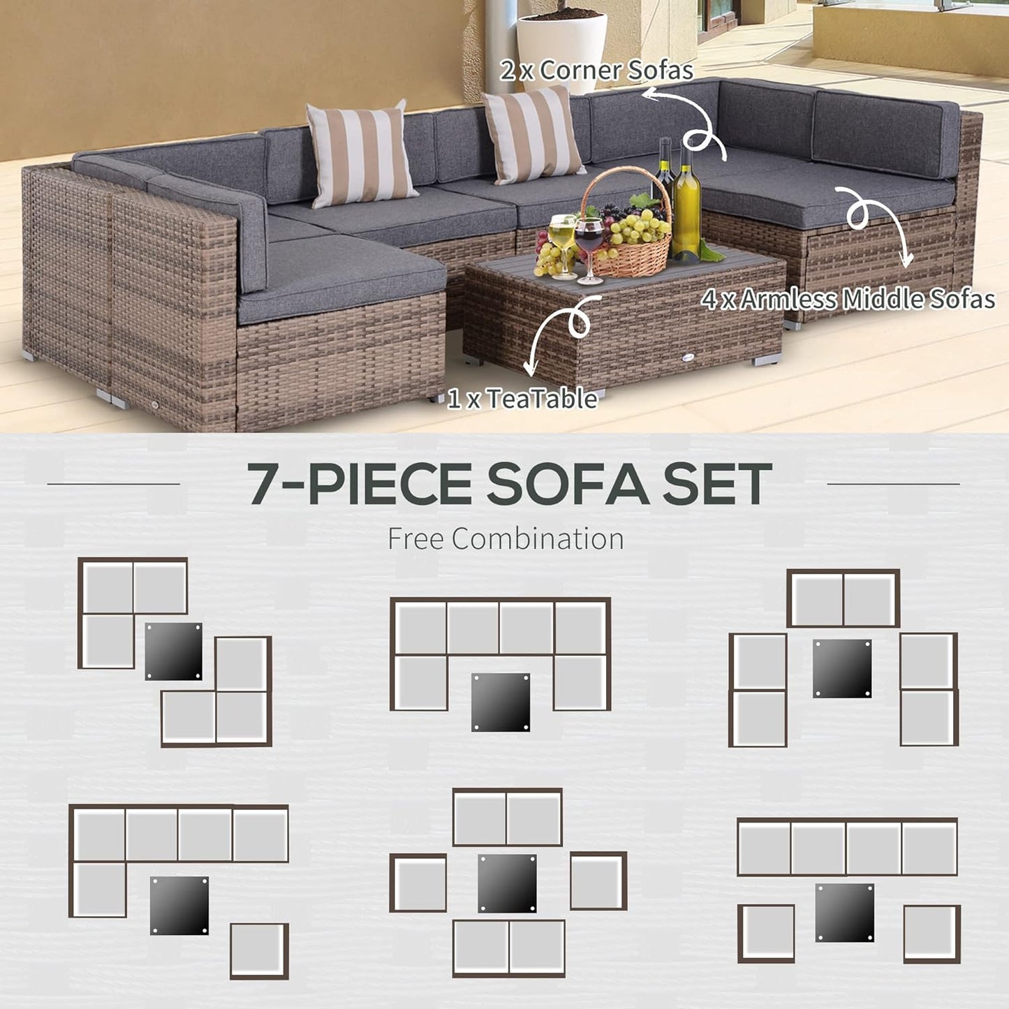 7 Piece Patio Furniture Set, PE Rattan Outdoor Conversation Set with Sectional Sofa, Glass Tabletop, Cushions and Pillows for Garden, Lawn, Deck, Dark Beige and Grey