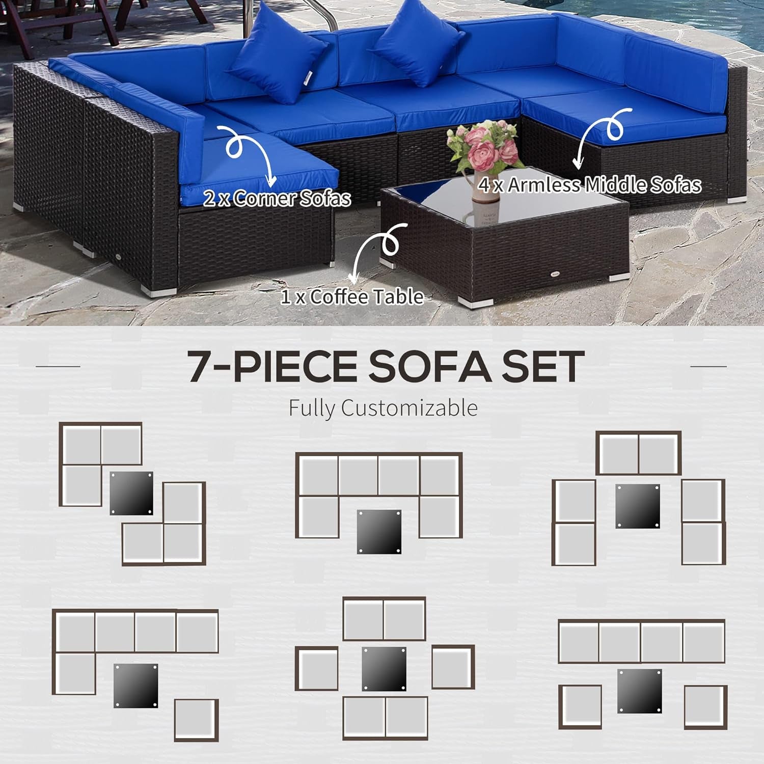 7 Piece Patio Furniture Set, PE Rattan Outdoor Conversation Set with Sectional Sofa, Glass Tabletop, Cushions and Pillows for Garden, Lawn, Deck, Dark Brown and Blue